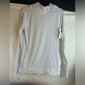 Women’s small GAP fit white gray hooded Lite Activewear shirt, Thumb Hole Runnin